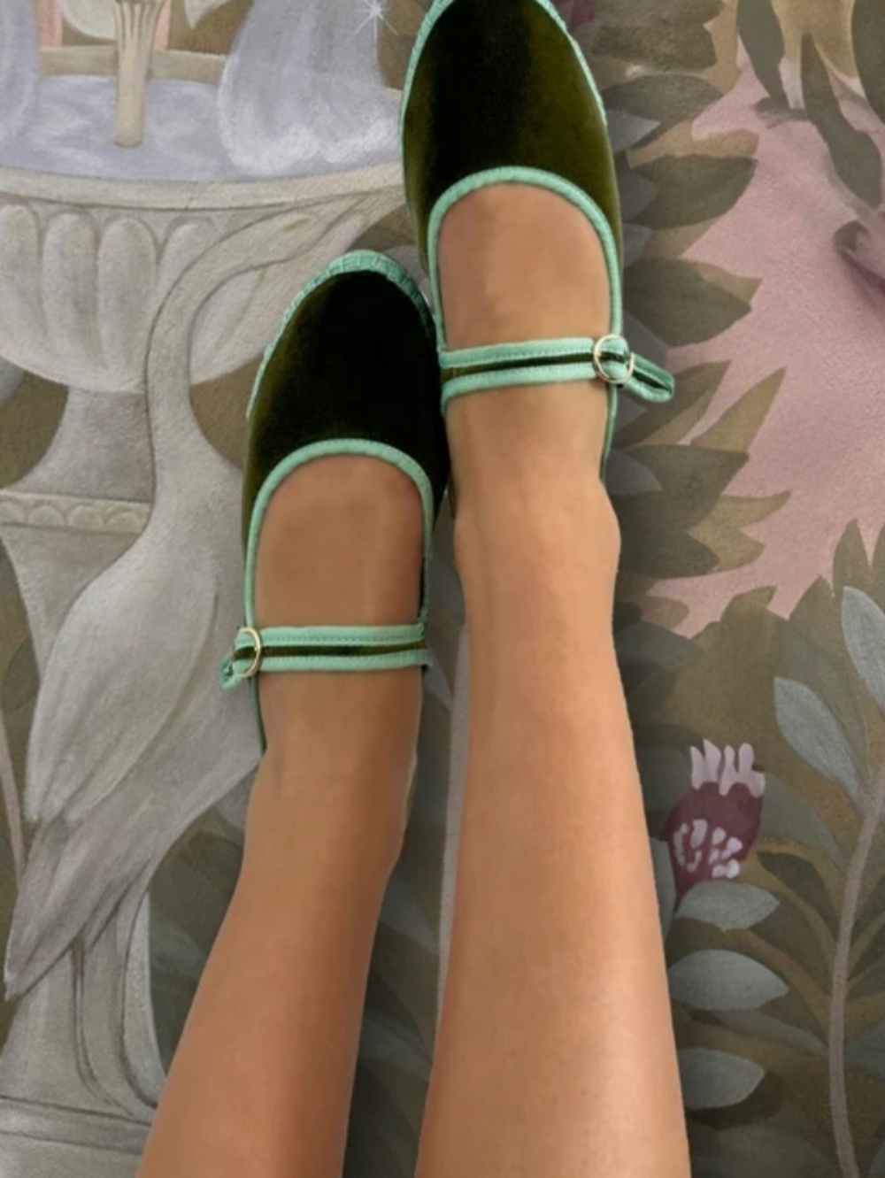 Classic Velvet Mary Jane Flats in Olive Green with Mint Trim
